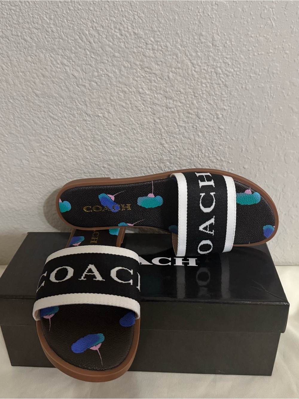 Coach Black Slide Sandals with Blue & Teal Floral Dots - women